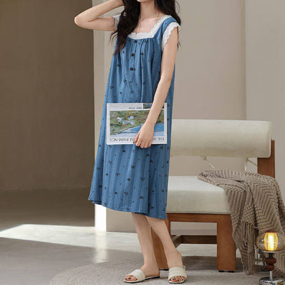 Chemise de nuit sans manches en dentelle de coton rayée et fleurie - image 3
