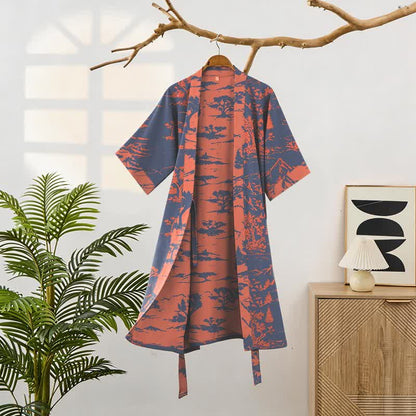 Peignoir kimono unisexe en gaze de coton à motifs de montagnes et d'arbres - image 1