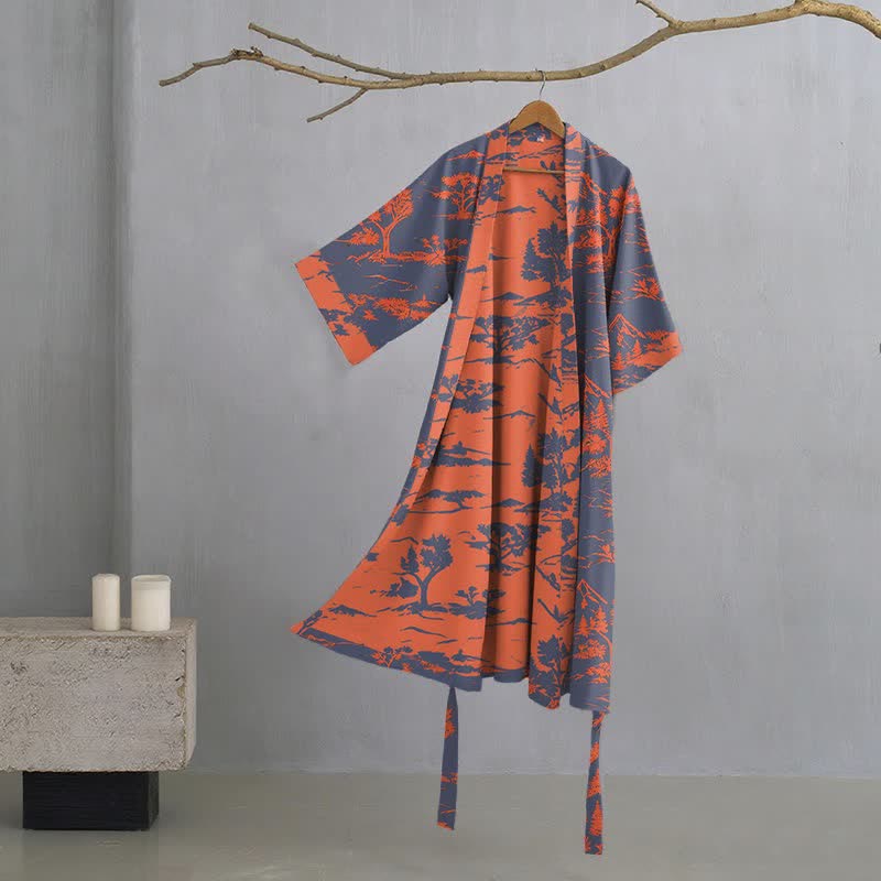 Peignoir kimono unisexe en gaze de coton à motifs de montagnes et d'arbres - marin - XL - image 0