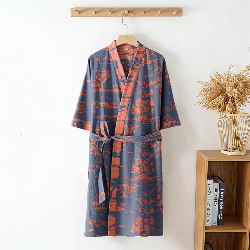 Peignoir kimono unisexe en gaze de coton à motifs de montagnes et d'arbres - image 2