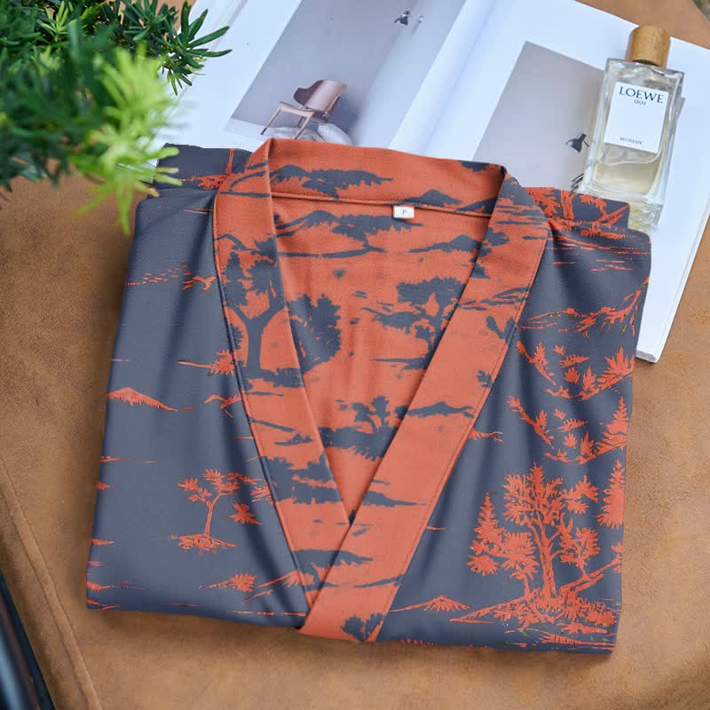 Peignoir kimono unisexe en gaze de coton à motifs de montagnes et d'arbres - image 3