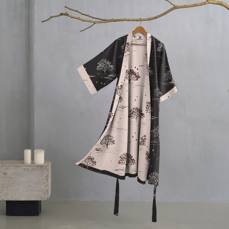 Peignoir kimono unisexe en coton à motif « Charcoal Tree » - Gris - XL - image 0