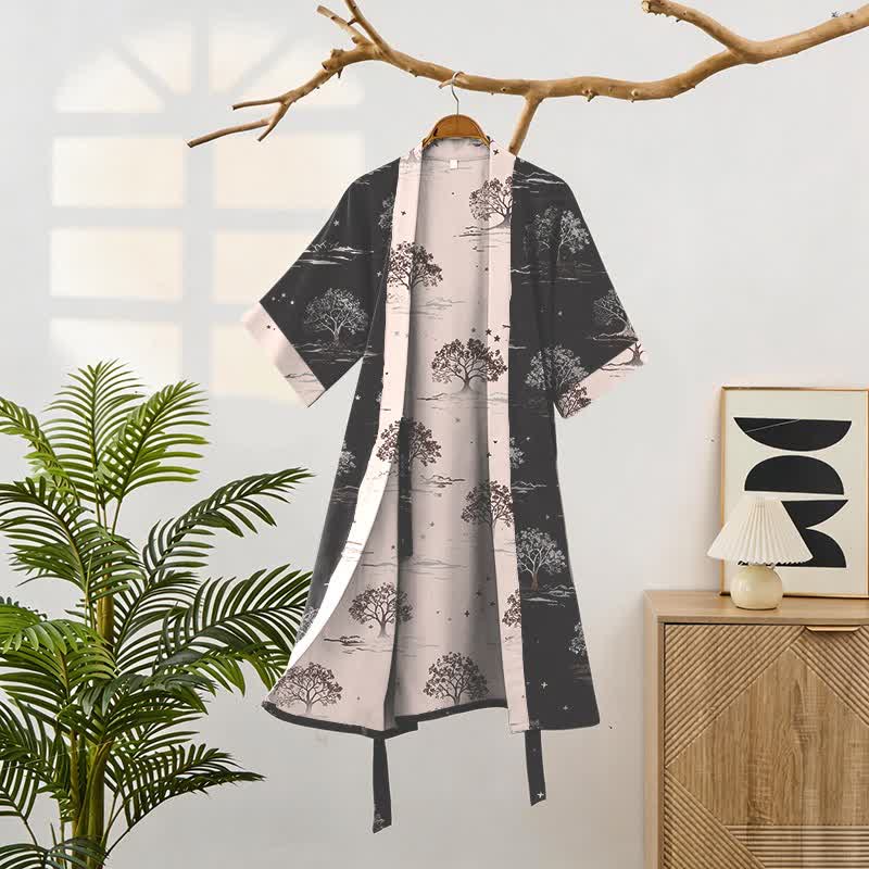 Peignoir kimono unisexe en coton à motif « Charcoal Tree » - image 1