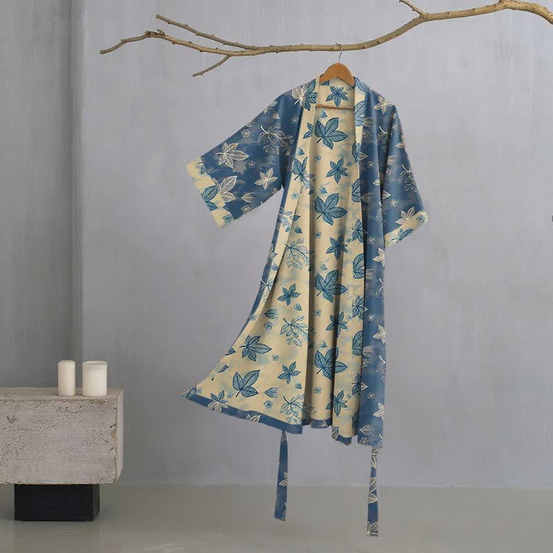 Peignoir kimono unisexe en coton à motif de feuilles d'érable - Bleu - XL - image 0
