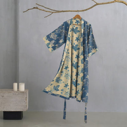 Peignoir kimono unisexe en coton à motif de feuilles d'érable - Bleu - XL - image 0