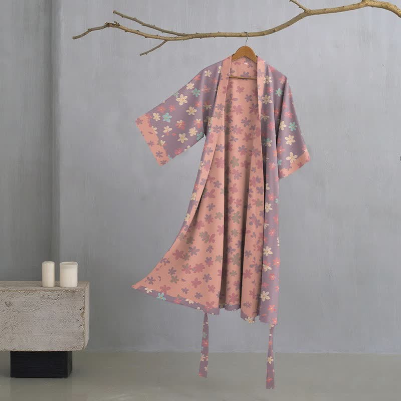 Peignoir de style kimono en gaze de coton violette à motif floral - Violet - XL - image 0