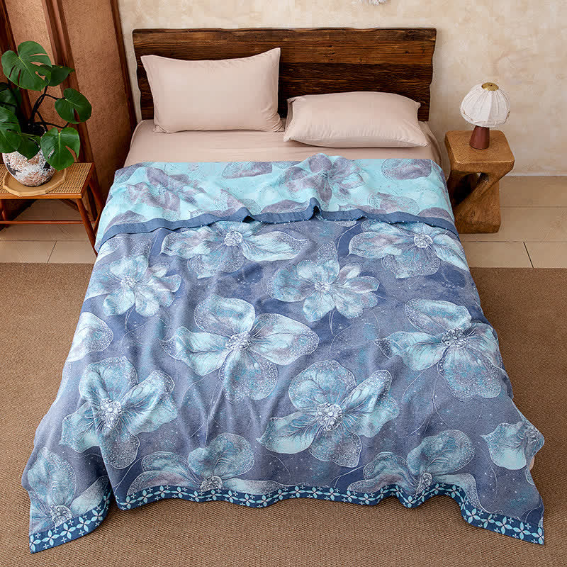 Couverture en gaze de coton bleue de style champêtre à motif floral - 220 cm x 240 cm - image 0