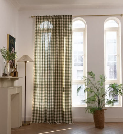 Rideau à carreaux de style champêtre avec pompons - vert foncé - 140 cm x 300 cm - image 4