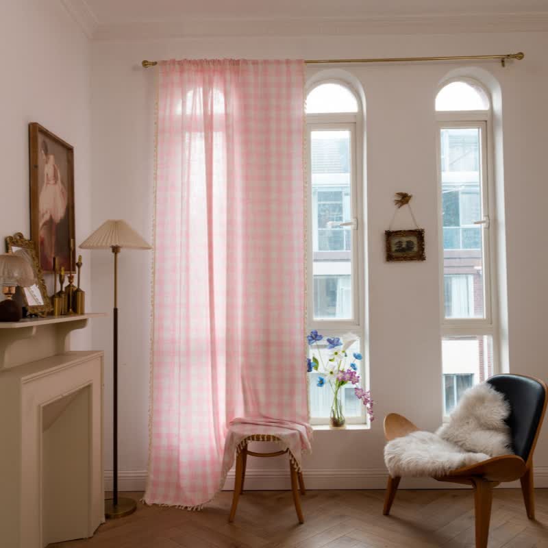 Rideau à carreaux de style champêtre avec pompons - image 2