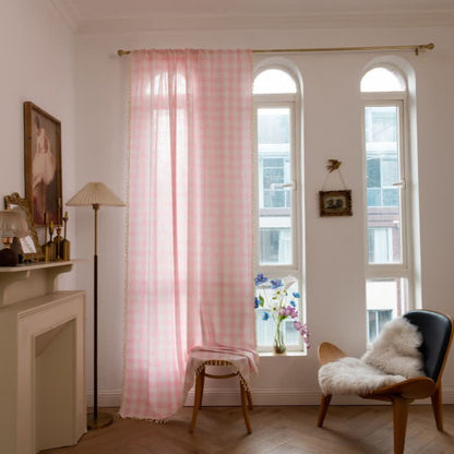 Rideau à carreaux de style champêtre avec pompons - image 2