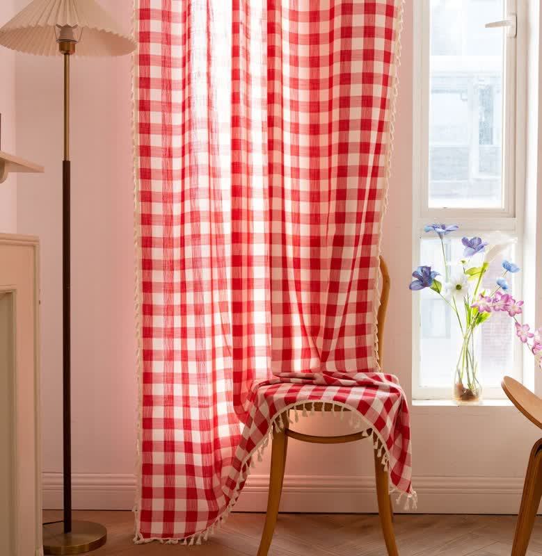Rideau à carreaux de style champêtre avec pompons - image 24