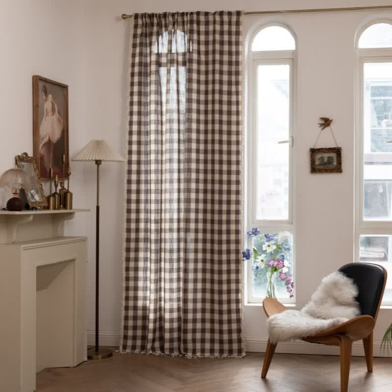 Rideau à carreaux de style champêtre avec pompons - Café - 140 cm x 300 cm - image 33