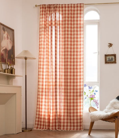 Rideau à carreaux de style champêtre avec pompons - Orange - 140 cm x 300 cm - image 10