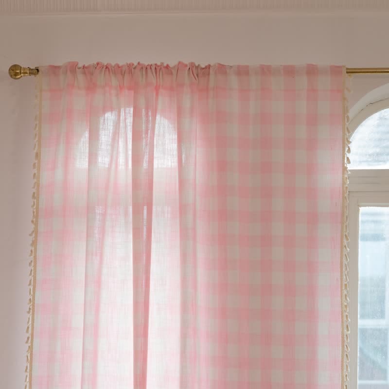 Rideau à carreaux de style champêtre avec pompons - image 3