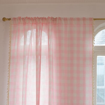 Rideau à carreaux de style champêtre avec pompons - image 3