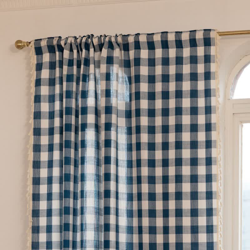 Rideau à carreaux de style champêtre avec pompons - image 22