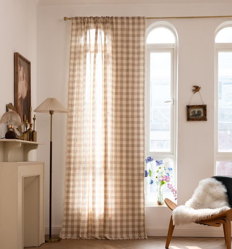 Rideau à carreaux de style champêtre avec pompons - Kaki - 140 cm x 300 cm - image 29