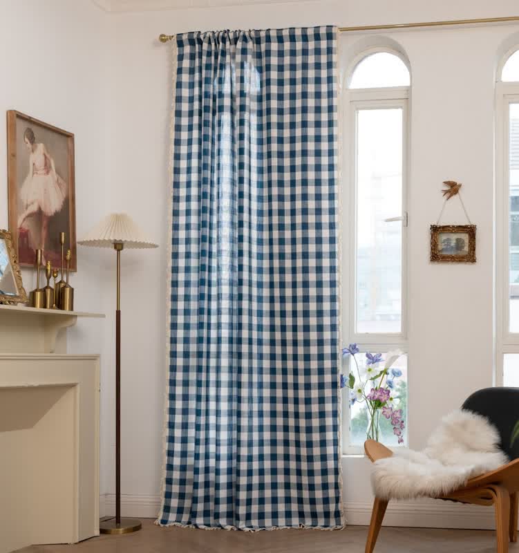 Rideau à carreaux de style champêtre avec pompons - bleu marine - 140 cm x 300 cm - image 18