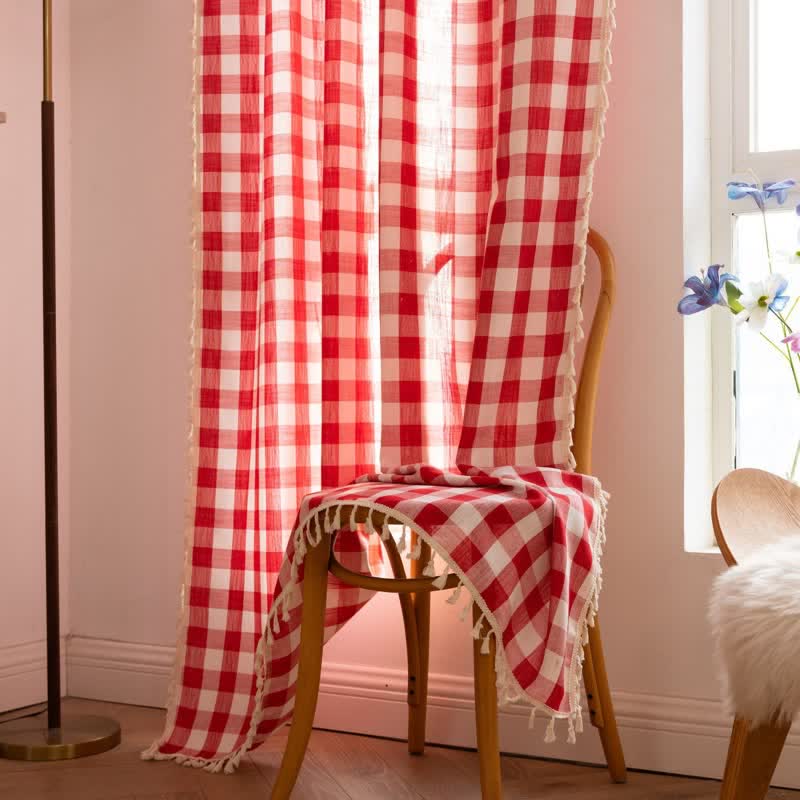 Rideau à carreaux de style champêtre avec pompons - image 25