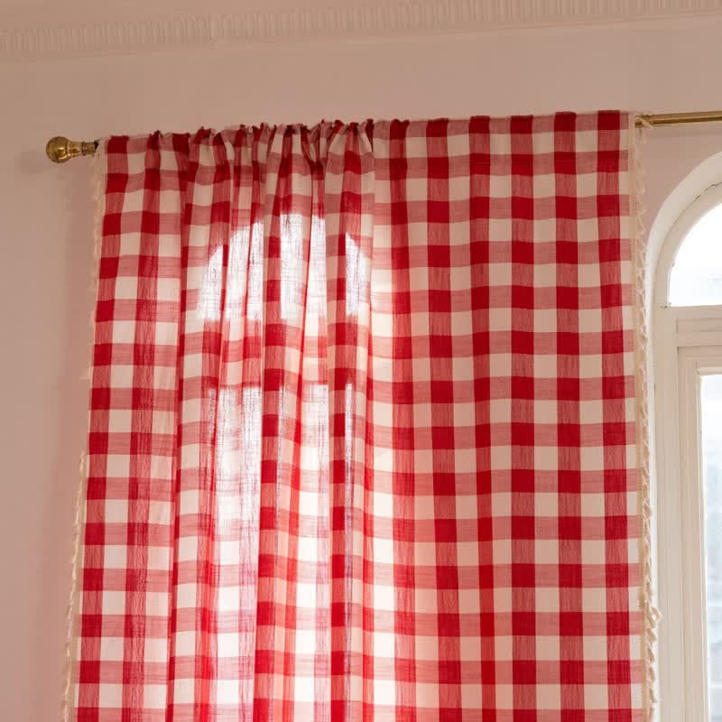 Rideau à carreaux de style champêtre avec pompons - image 28