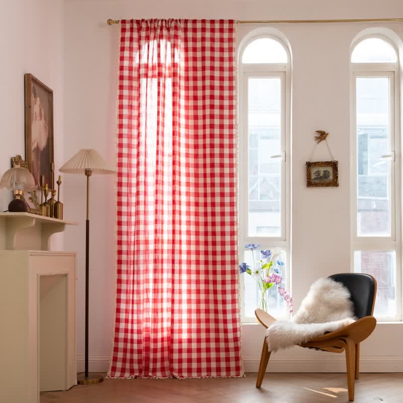 Rideau à carreaux de style champêtre avec pompons - Rouge - 140 cm x 300 cm - image 23