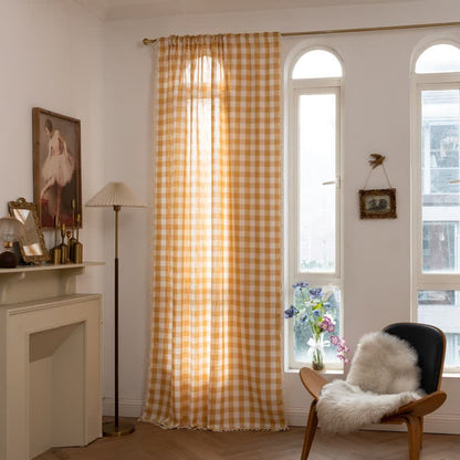 Rideau à carreaux de style champêtre avec pompons - Jaune - 140 cm x 300 cm - image 13