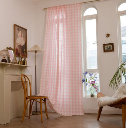 Rideau à carreaux de style champêtre avec pompons - Rose - 140 cm x 300 cm - image 0