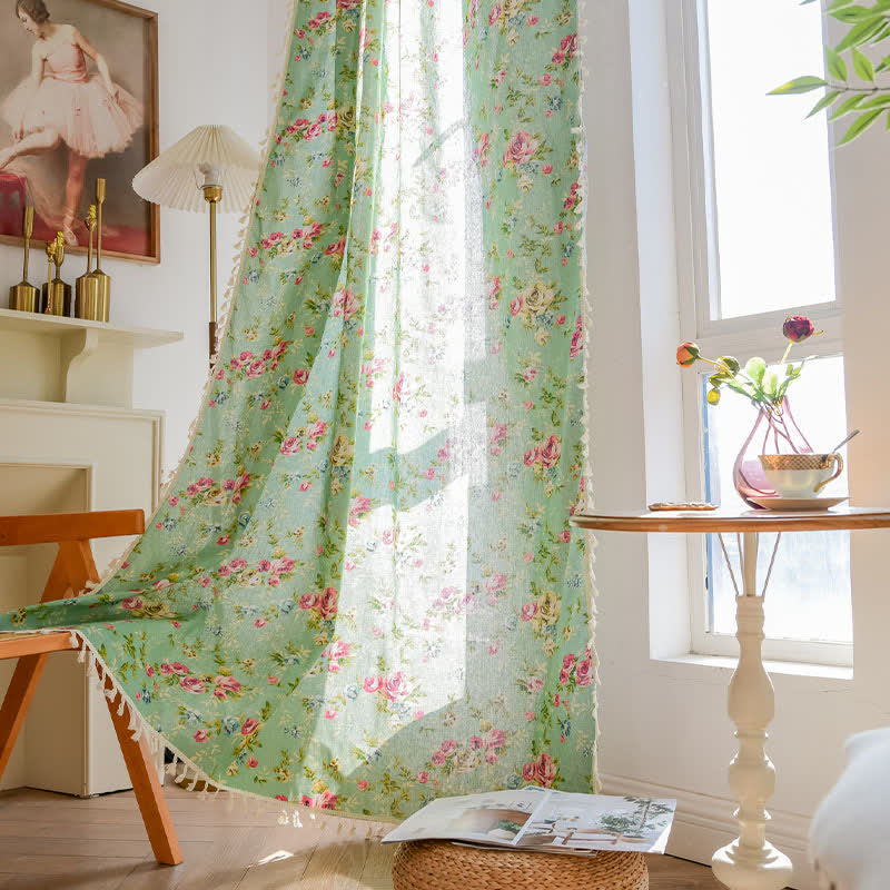Rideau rustique vert rose avec pompon - image 3
