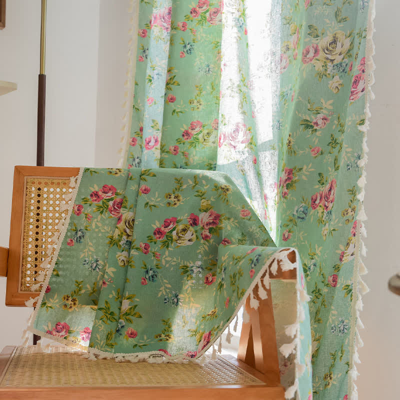 Rideau rustique vert rose avec pompon - image 5