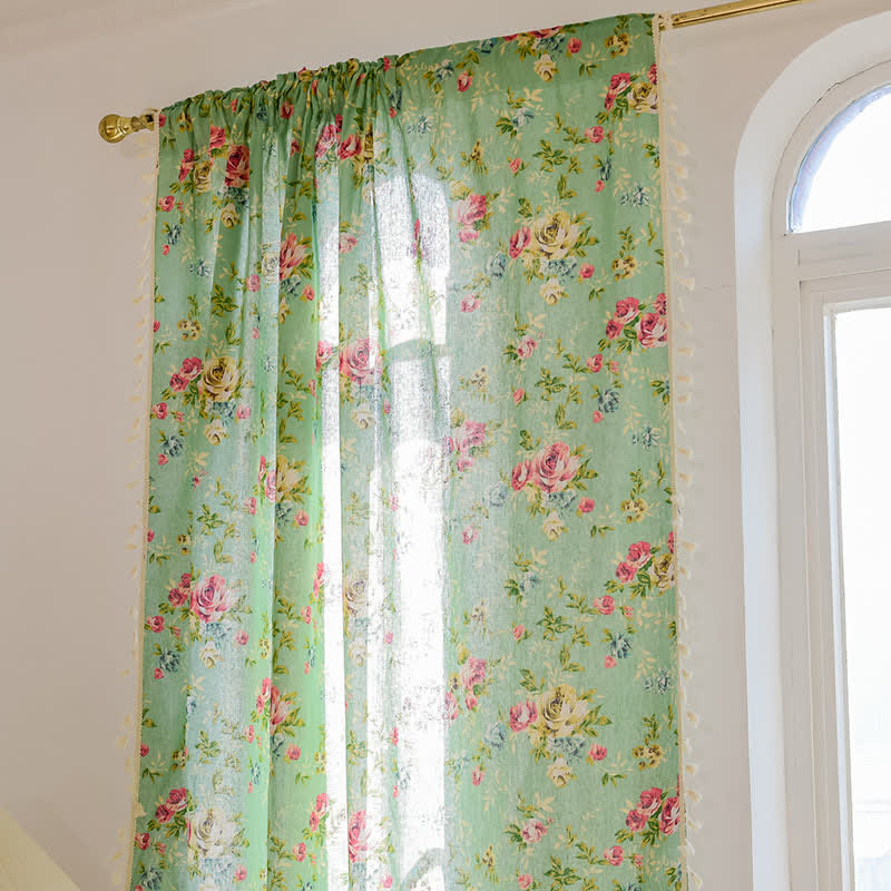 Rideau rustique vert rose avec pompon - image 6