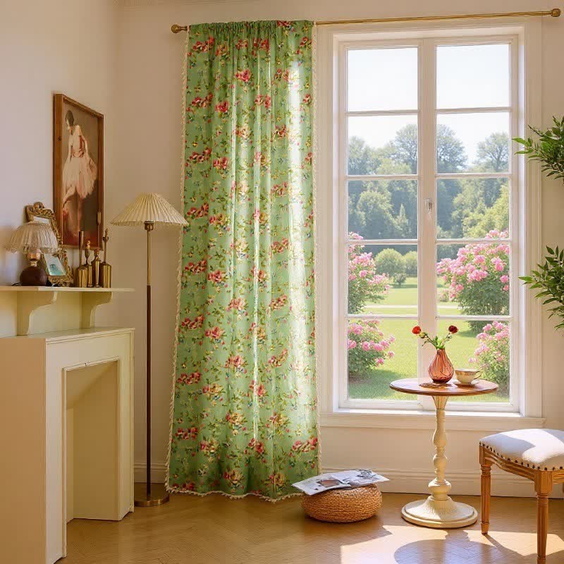 Rideau rustique vert rose avec pompon - 150 cm x 300 cm - image 0