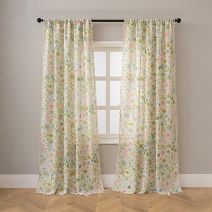 Rideau à motifs de marguerites et de feuilles et à pompons - image 2