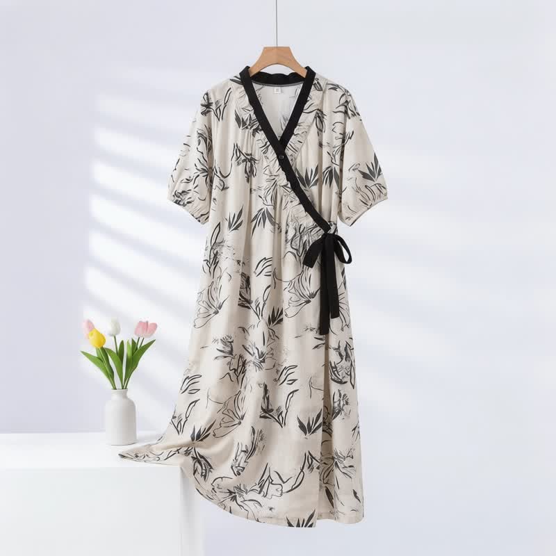 Chemise de nuit à motifs artistiques et volants latéraux à nouer - Noir - 2XL - image 0