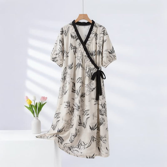 Chemise de nuit à motifs artistiques et volants latéraux à nouer - Noir - 2XL - image 0