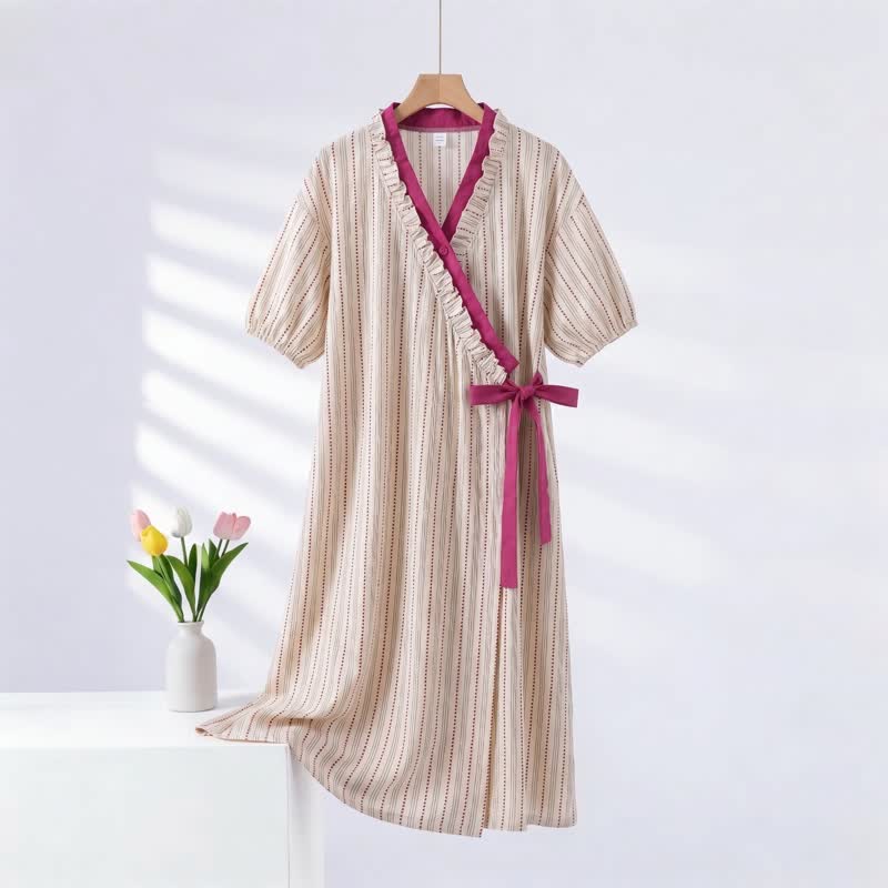 Nuisette à pois et rayures, à volants et à liens sur les côtés - Rose - 2XL - image 0