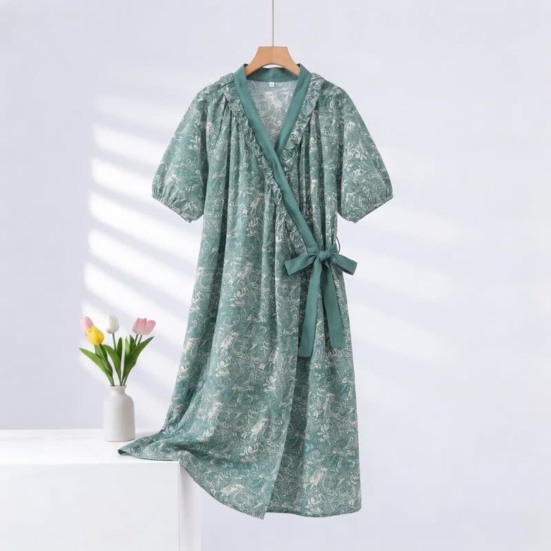 Chemise de nuit verte vintage à volants et liens sur les côtés - Vert - 2XL - image 0