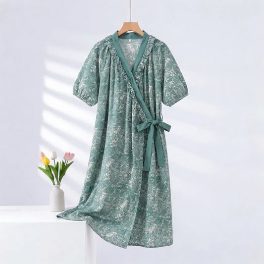 Chemise de nuit verte vintage à volants et liens sur les côtés - Vert - 2XL - image 0