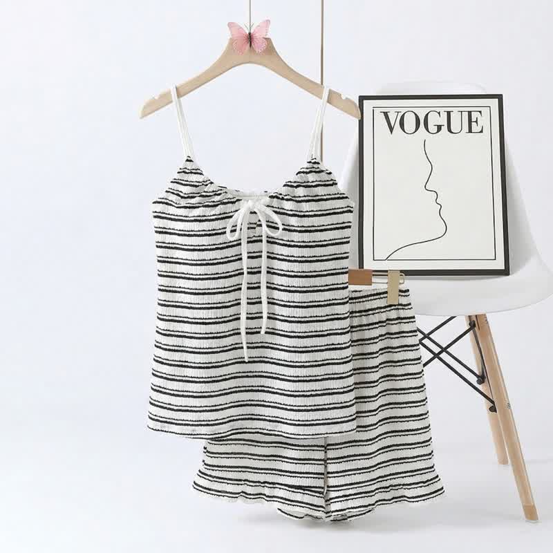 Ensemble pyjama avec nœud sur le devant, débardeur rayé et short - Noir - 2XL - image 7