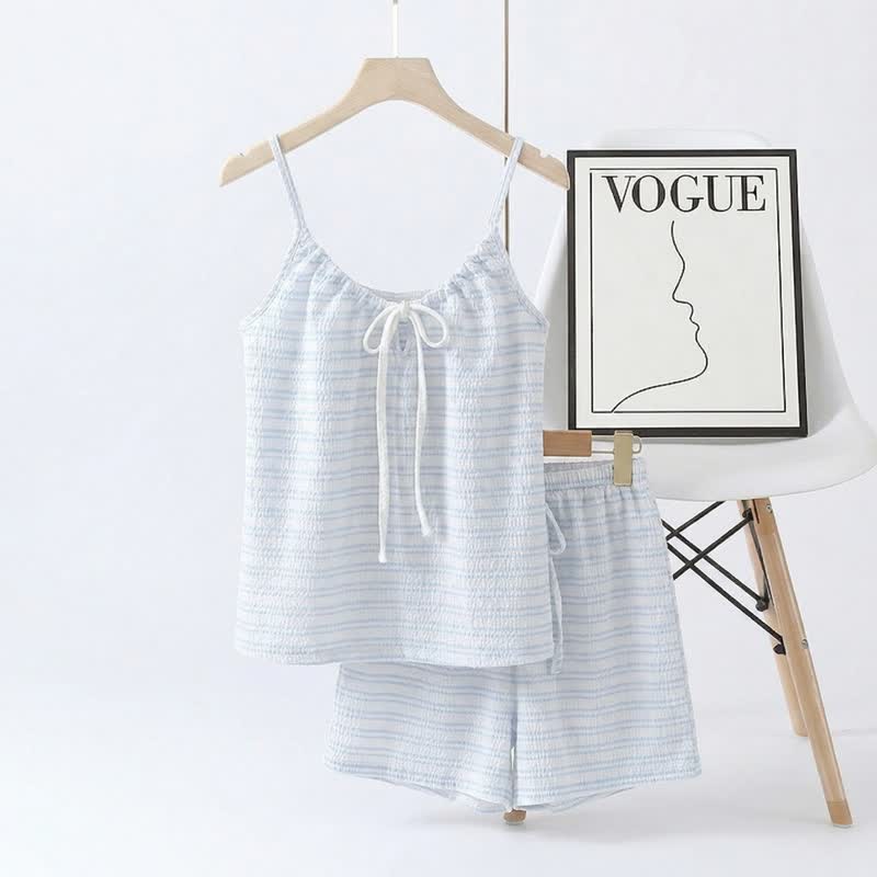 Ensemble pyjama avec nœud sur le devant, débardeur rayé et short - Bleu - 2XL - image 14