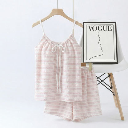 Ensemble pyjama avec nœud sur le devant, débardeur rayé et short - Rose - 2XL - image 0
