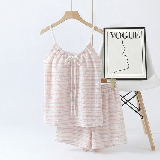 Ensemble pyjama avec nœud sur le devant, débardeur rayé et short - Rose - 2XL - image 0