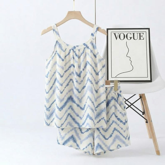 Ensemble pyjama à motif batik en zigzag : débardeur et short - Bleu - 2XL - image 0