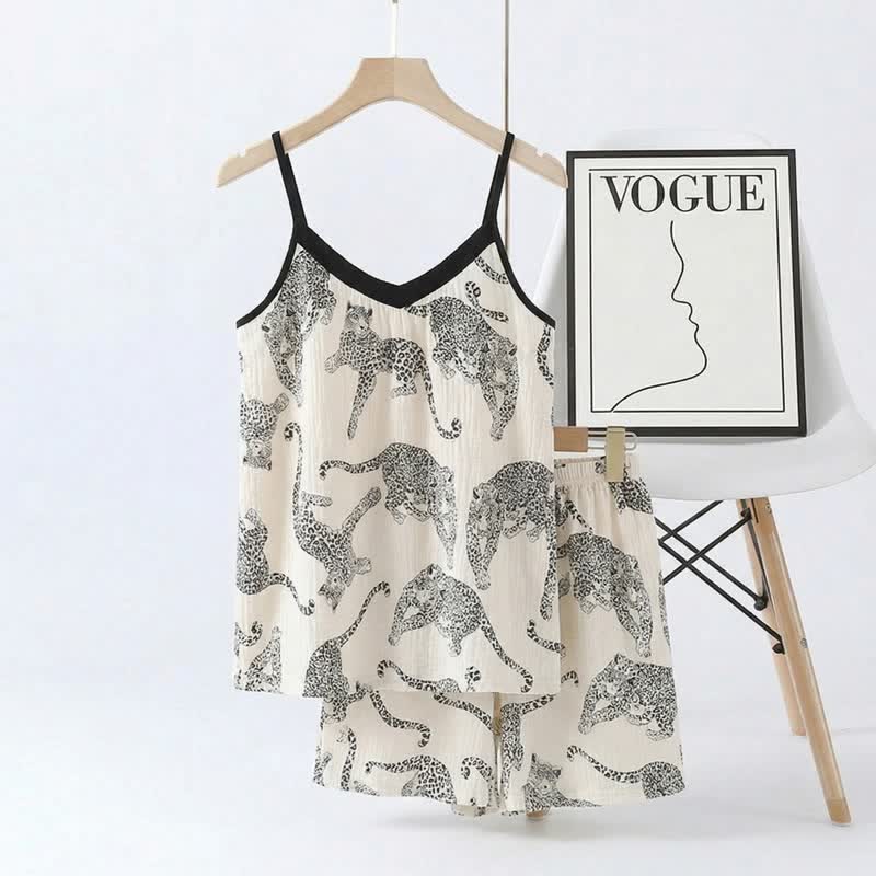 Ensemble pyjama imprimé léopard : débardeur et short - Noir - 2XL - image 0