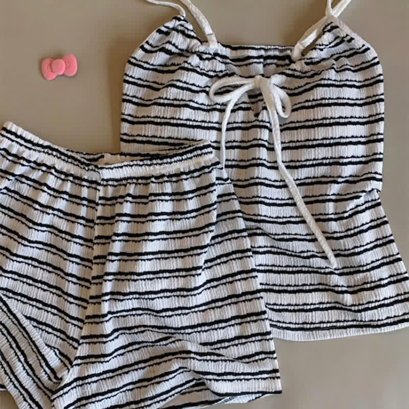 Ensemble pyjama avec nœud sur le devant, débardeur rayé et short - image 11