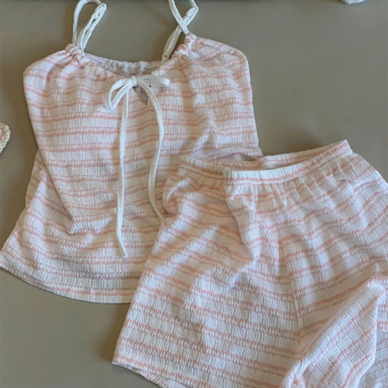 Ensemble pyjama avec nœud sur le devant, débardeur rayé et short - image 4