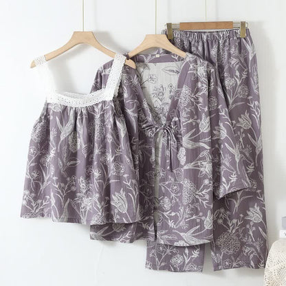 Ensemble pyjama 3 pièces en pur coton à motif floral - Violet - L - image 13