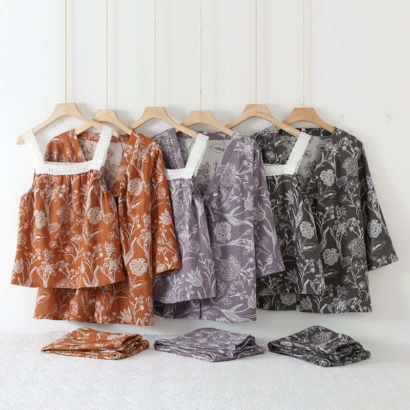 Ensemble pyjama 3 pièces en pur coton à motif floral - image 1
