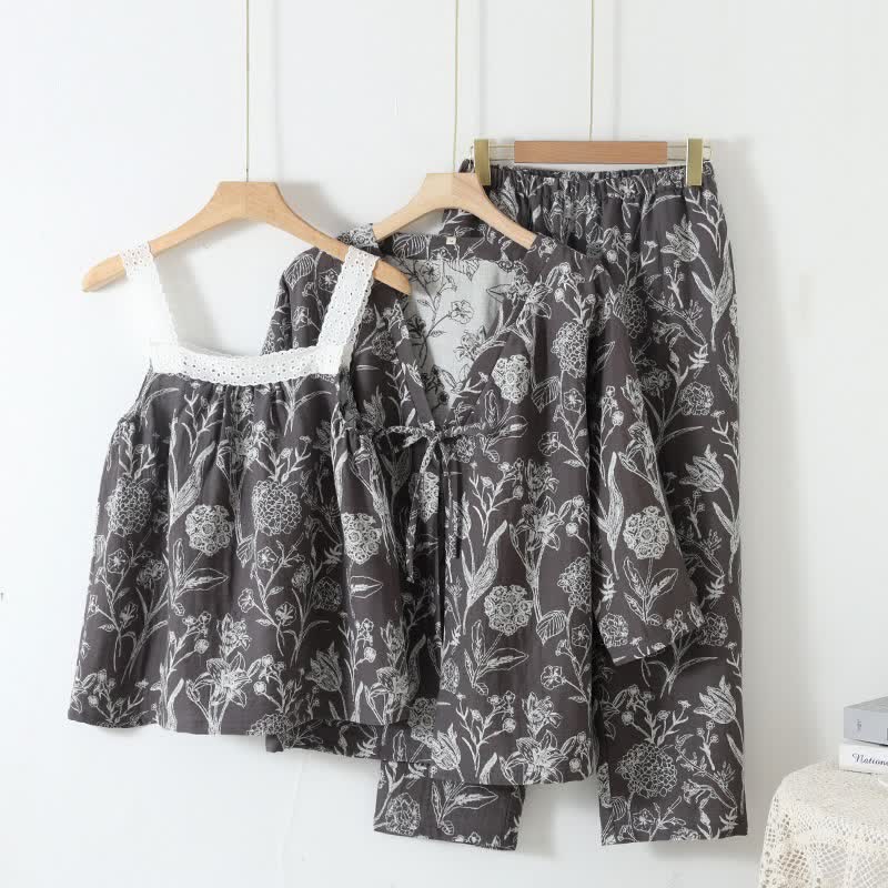 Ensemble pyjama 3 pièces en pur coton à motif floral - Gris foncé - L - image 12
