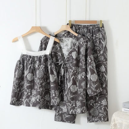 Ensemble pyjama 3 pièces en pur coton à motif floral - Gris foncé - L - image 12