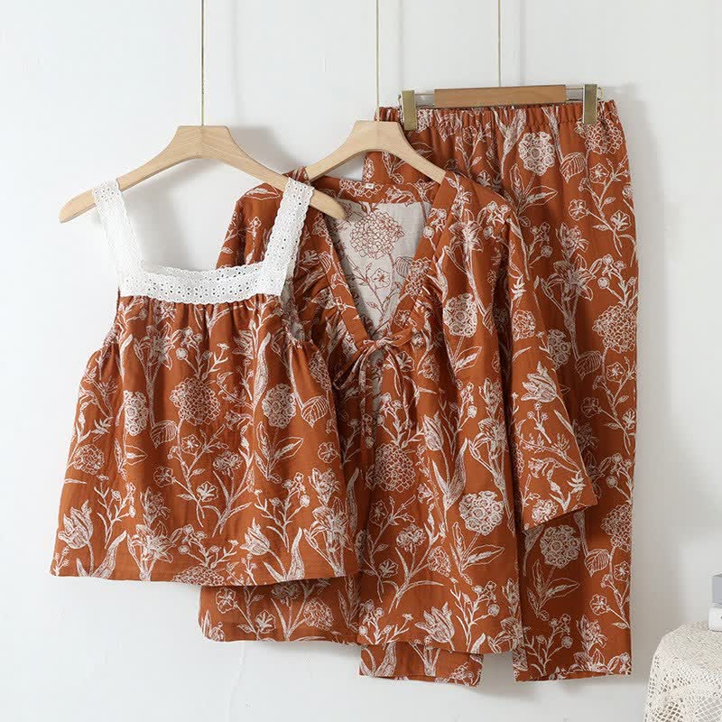 Ensemble pyjama 3 pièces en pur coton à motif floral - Orange - L - image 0